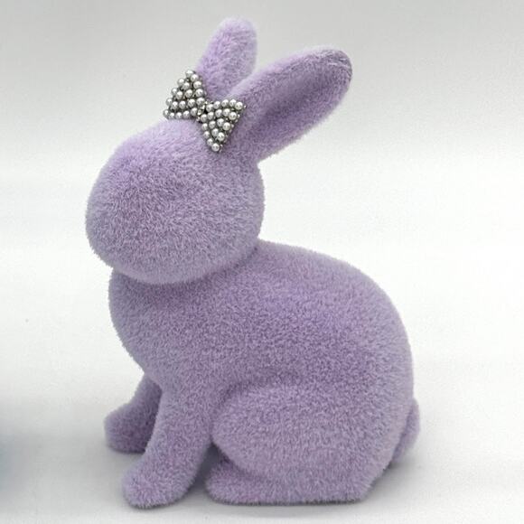 Set of 2 Bella Lux Flocked Bunnies Purple Easter Bunny Set w/ Bow NEW - Picture 3 of 3